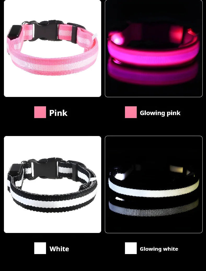 Dog Collar Nylon LED Night Safety Flashing Glow In The Dark Pet Dog